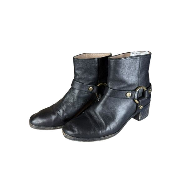 Stuart Weitzman Black Leather Harness Ankle Boots Size 7 Gold Hardware - Picture 4 of 11